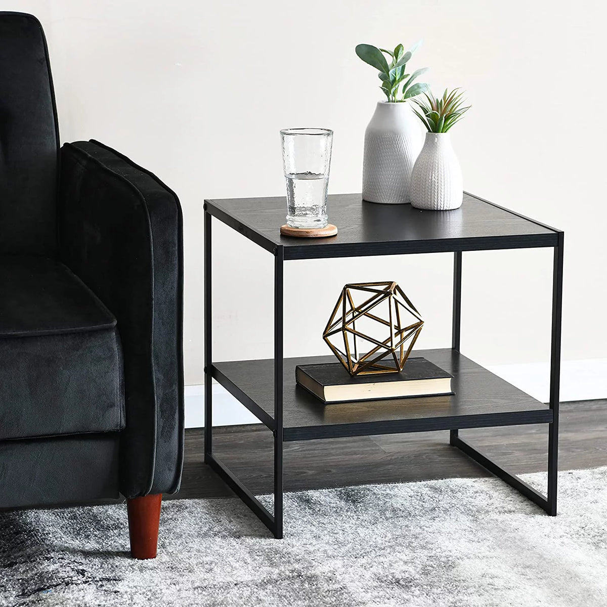 Black Metal and Faux Wood End Table with Storage Shelf L912