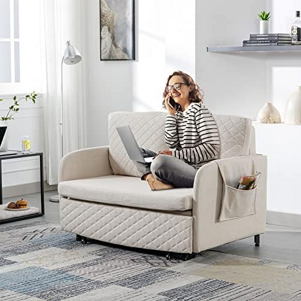 Grey Linen Loveseat Sleeper Sofa with Pull-Out Bed S4534