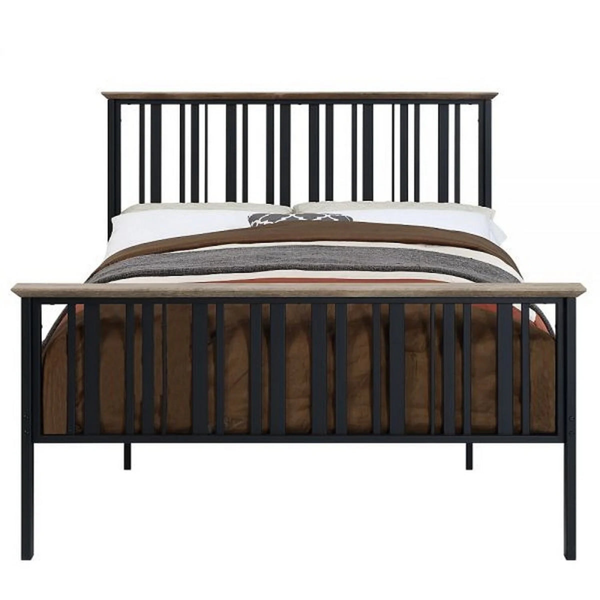 Full Bed with Slatted Metal Frame, MDF Wood, Oak Brown and Black Q8520