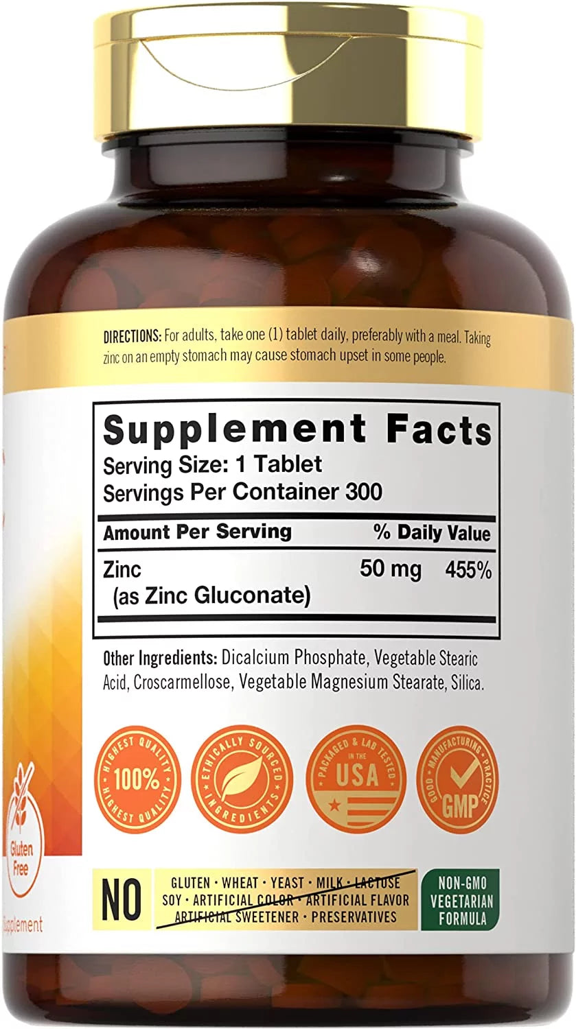 Zinc Gluconate 50mg 300 Tablets Vegetarian Formula D25050