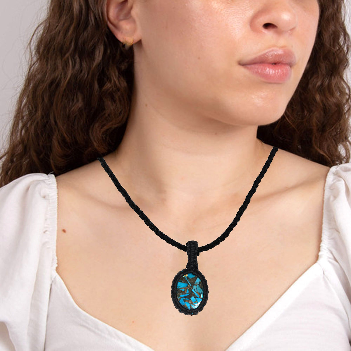 Blue Turquoise Macrame Handmade Jewelry Necklace J59933