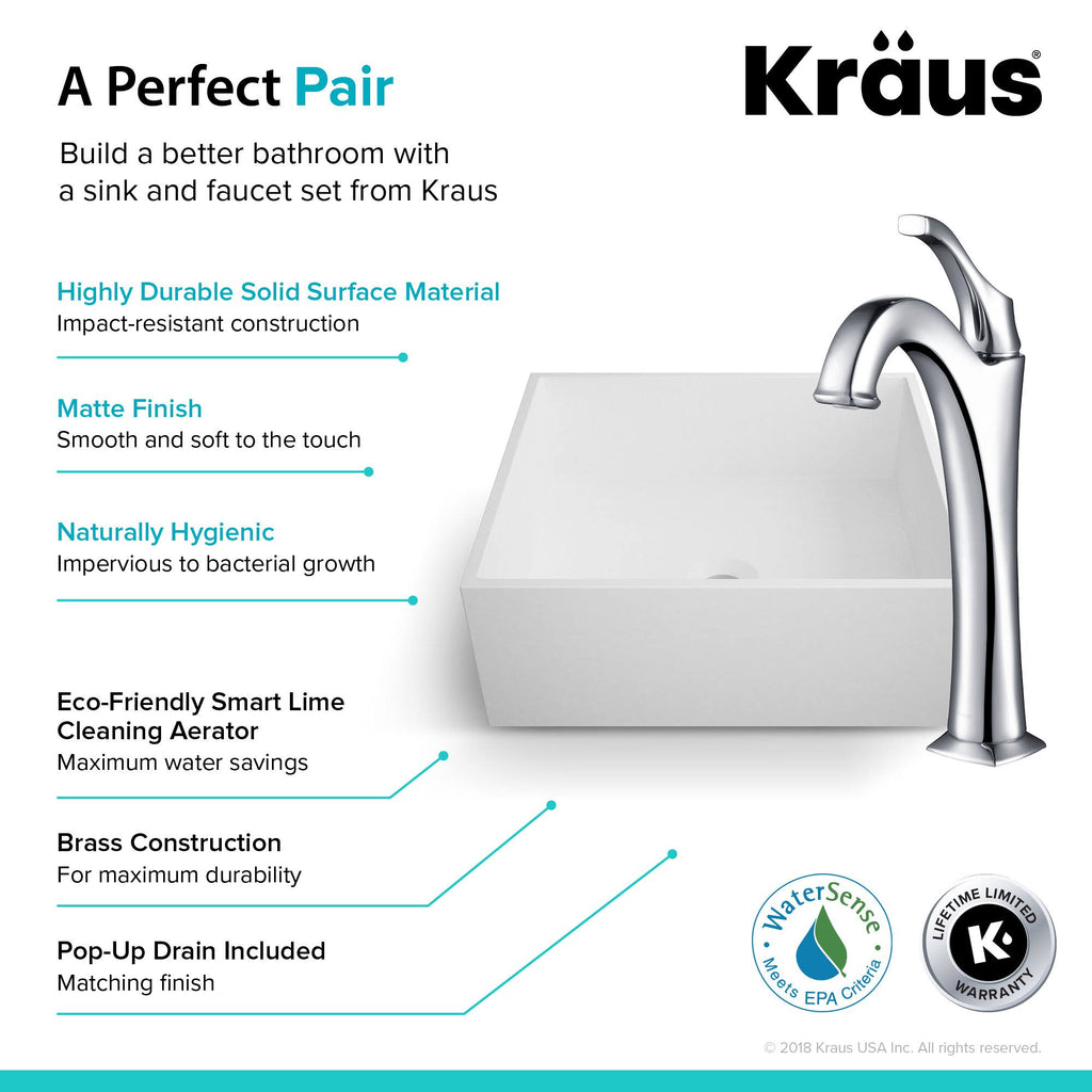 White Matte Solid Surface Square Bathroom Vessel Sink and Faucet H1775
