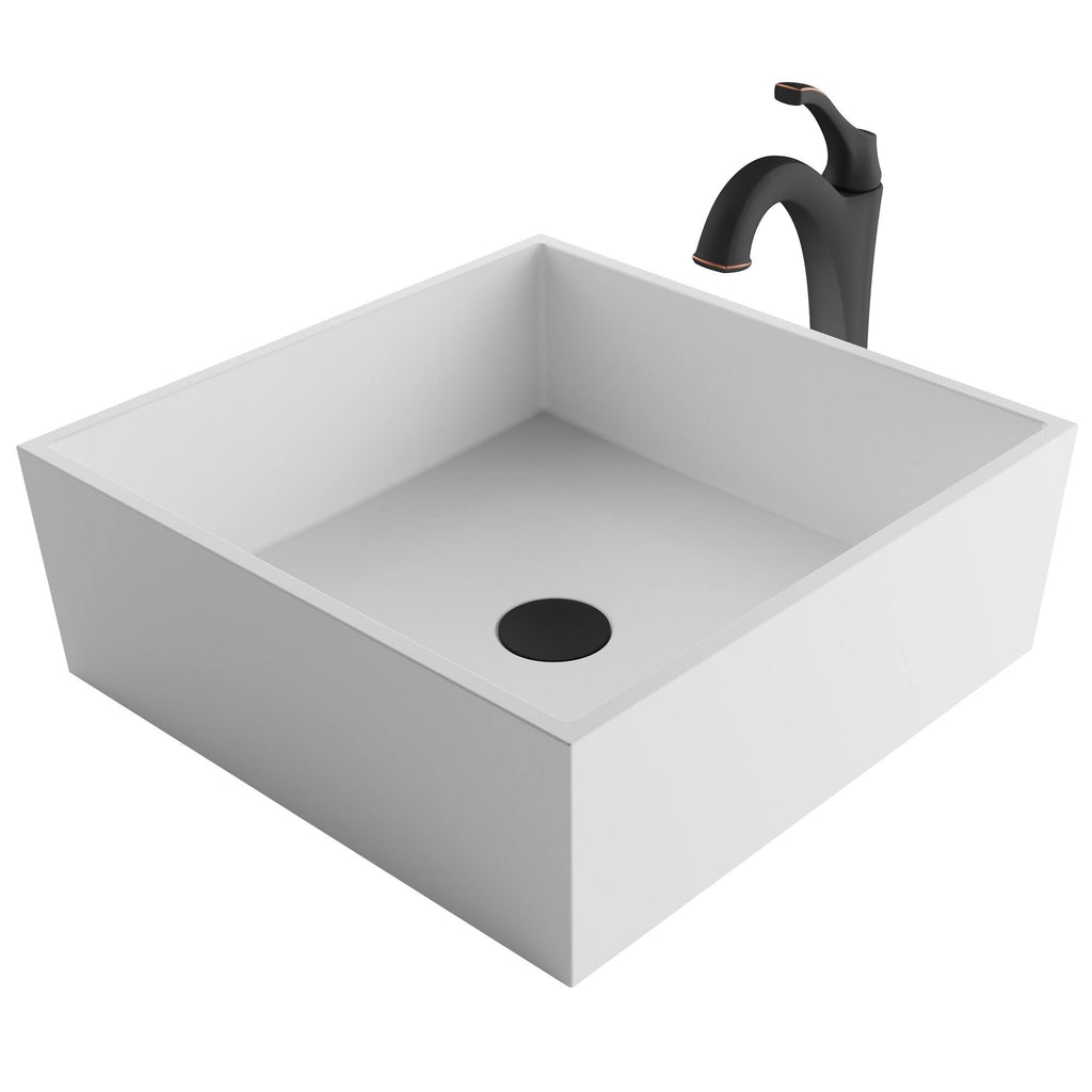 White Matte Solid Surface Square Bathroom Vessel Sink and Faucet H1775