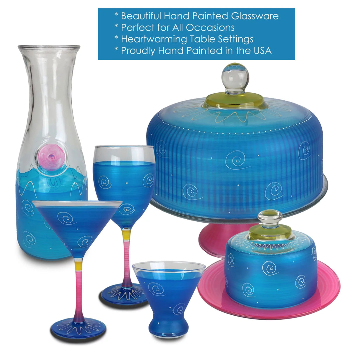 Set of 2 Turquoise and White Hand Painted Champagne Glasses 5.75 oz B7375