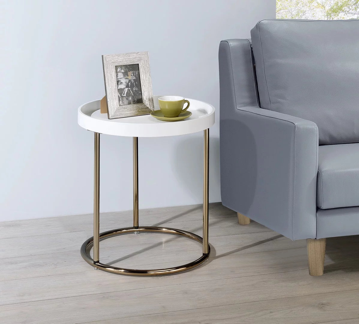 White Mid-Century Side Table with Copper Legs W6520