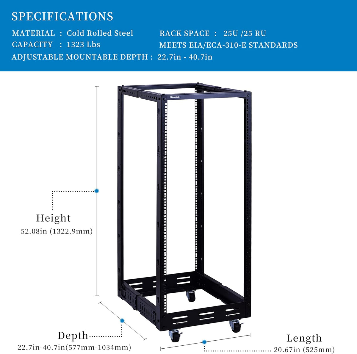 25U Open Frame Server Rack, 4 Post Adjustable Depth with Casters F152490