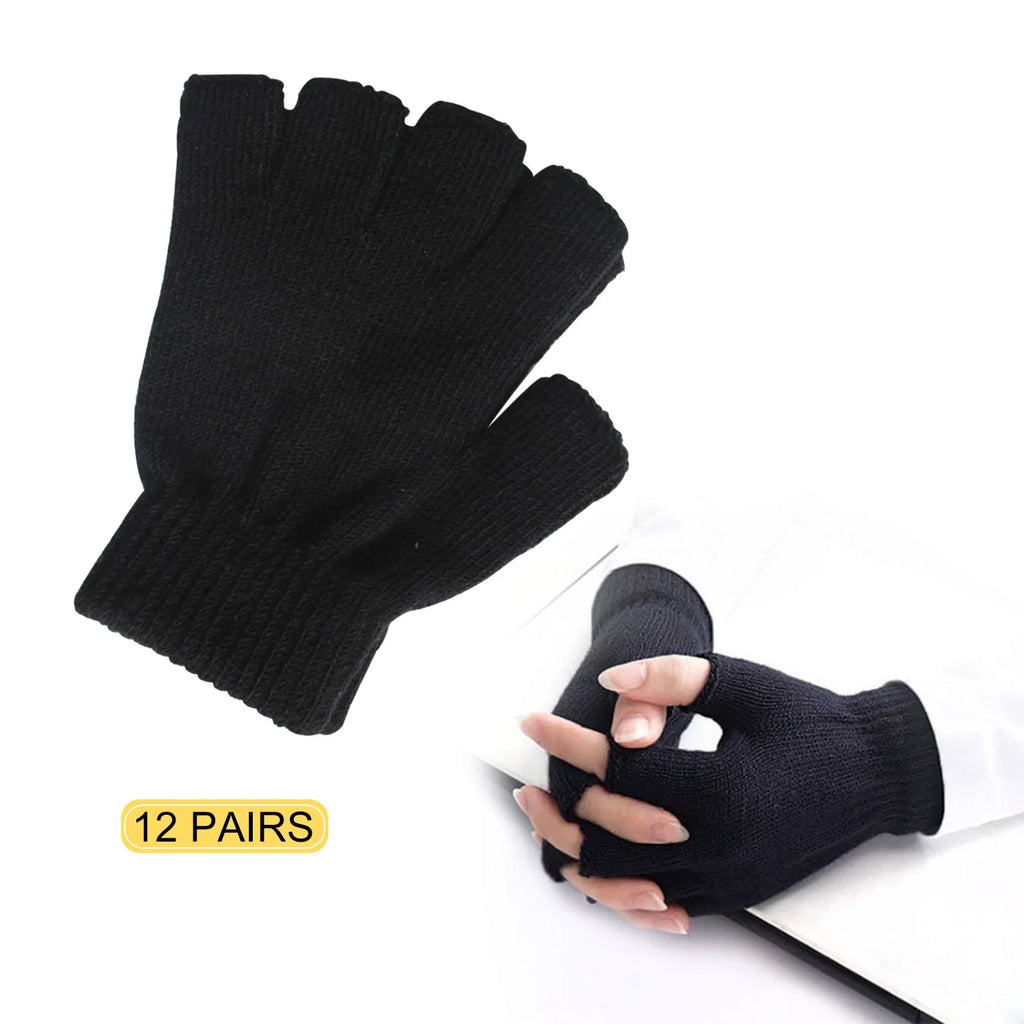 12 Pairs Black Knit Touchscreen Fingerless Gloves D27460
