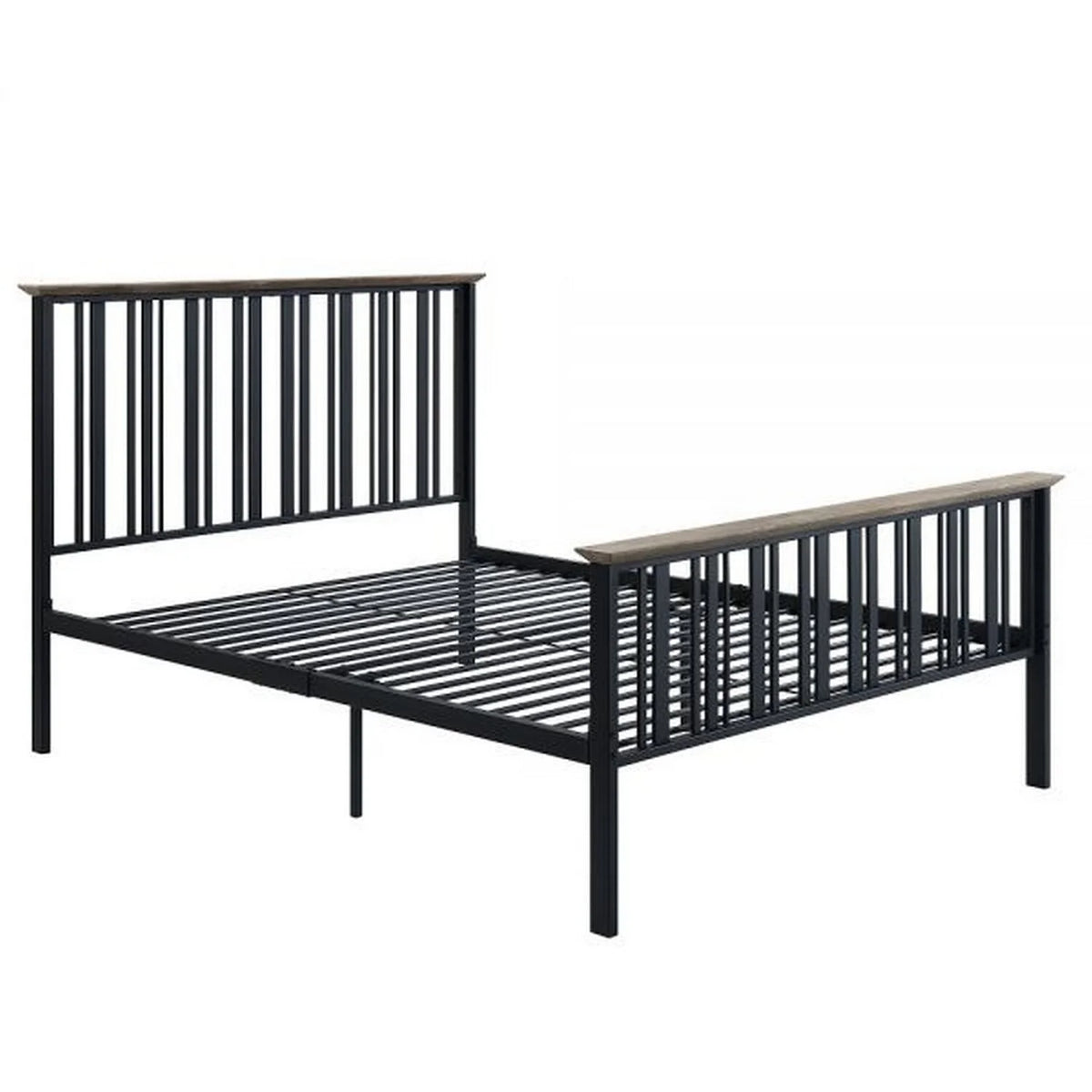 Full Bed with Slatted Metal Frame, MDF Wood, Oak Brown and Black Q8520