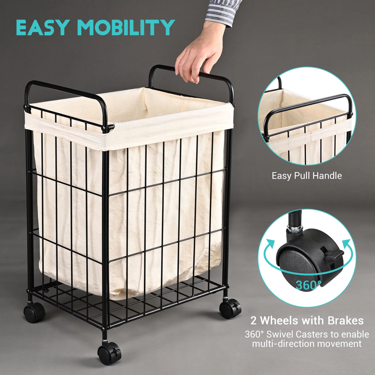 Black Metal Laundry Hamper with Wheels R4459