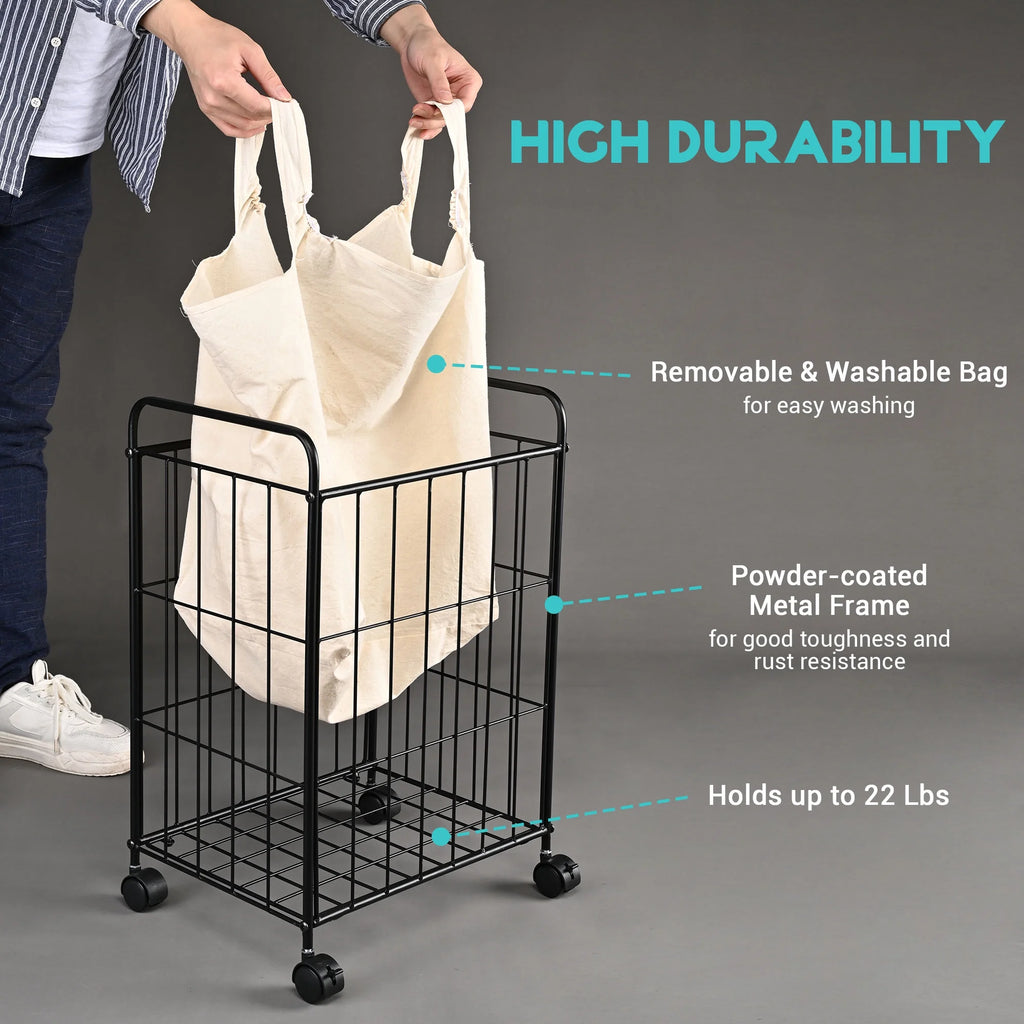 Black Metal Laundry Hamper with Wheels R4459
