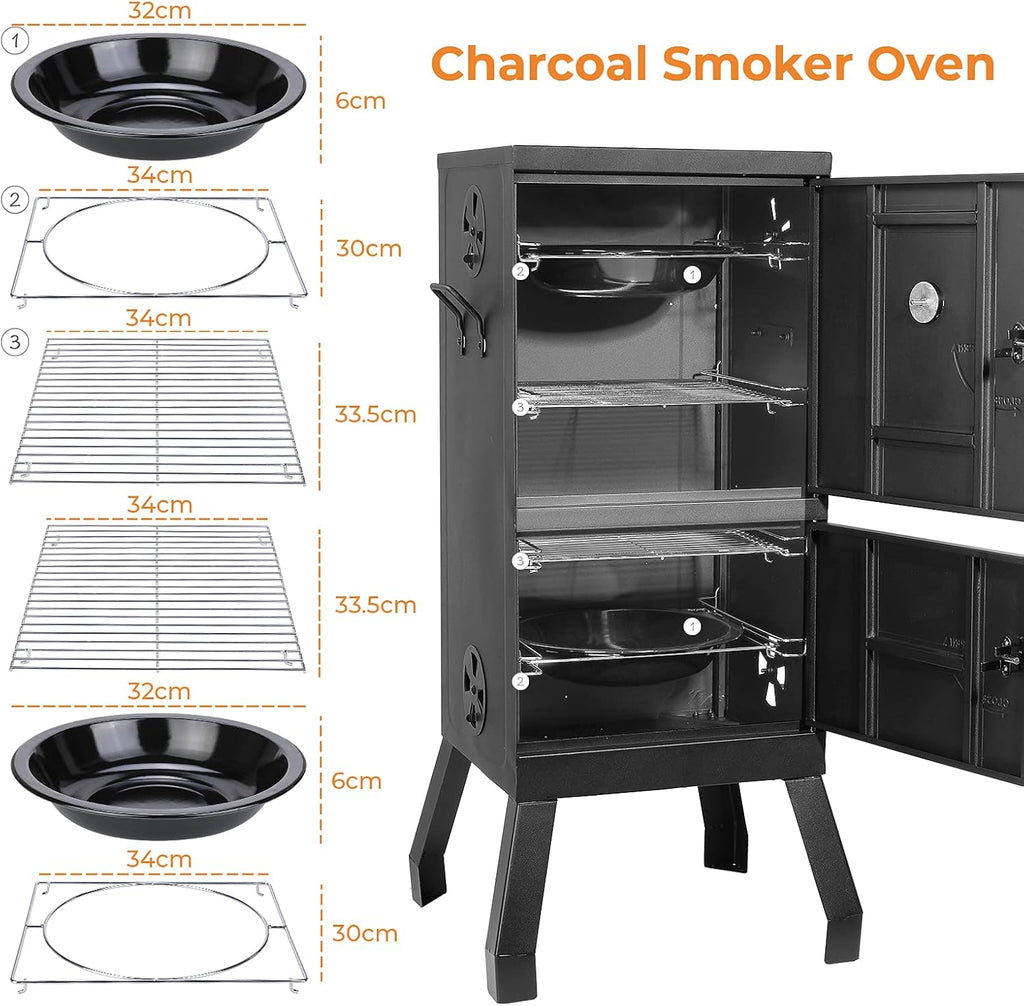 Black Square Charcoal Water Smoker and Grill with Thermometer O851