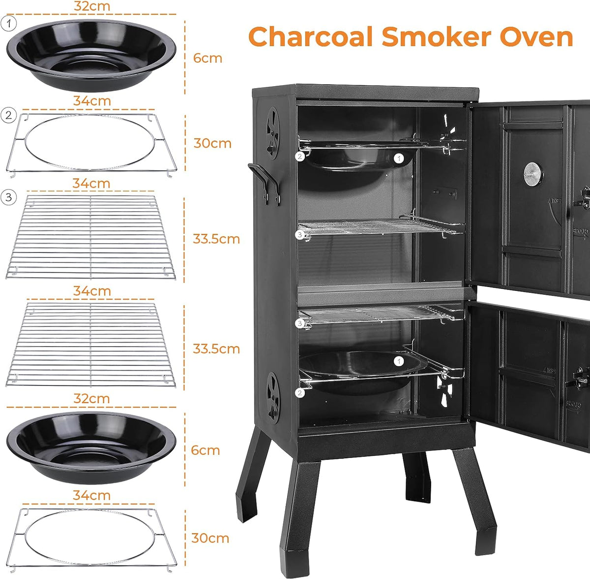 Black Square Charcoal Water Smoker and Grill with Thermometer O851