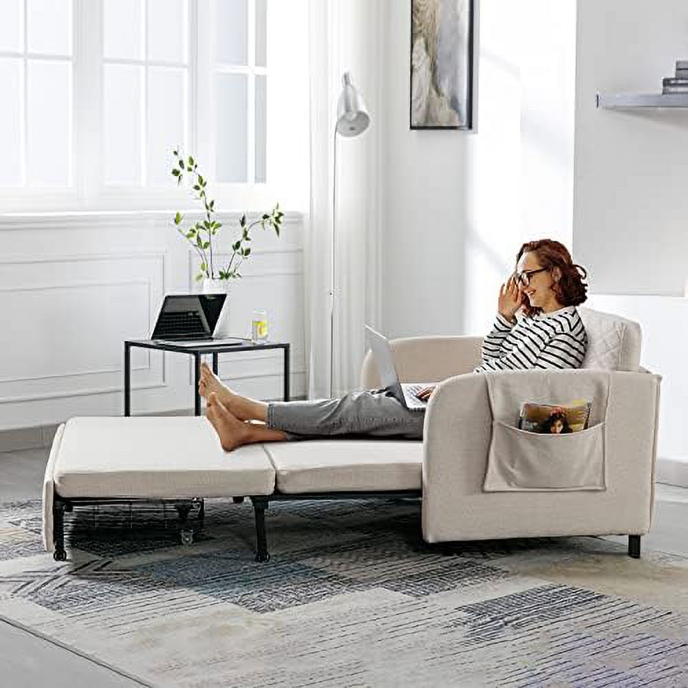 Grey Linen Loveseat Sleeper Sofa with Pull-Out Bed S4534