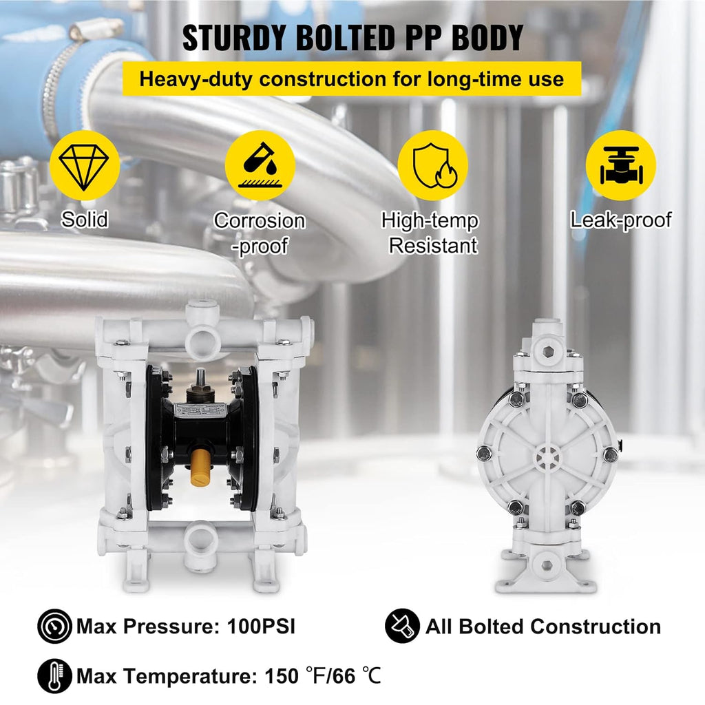 Air-Operated Double Diaphragm Pump 1/2 inch Polypropylene 13 GPM Max 100PSI K54987
