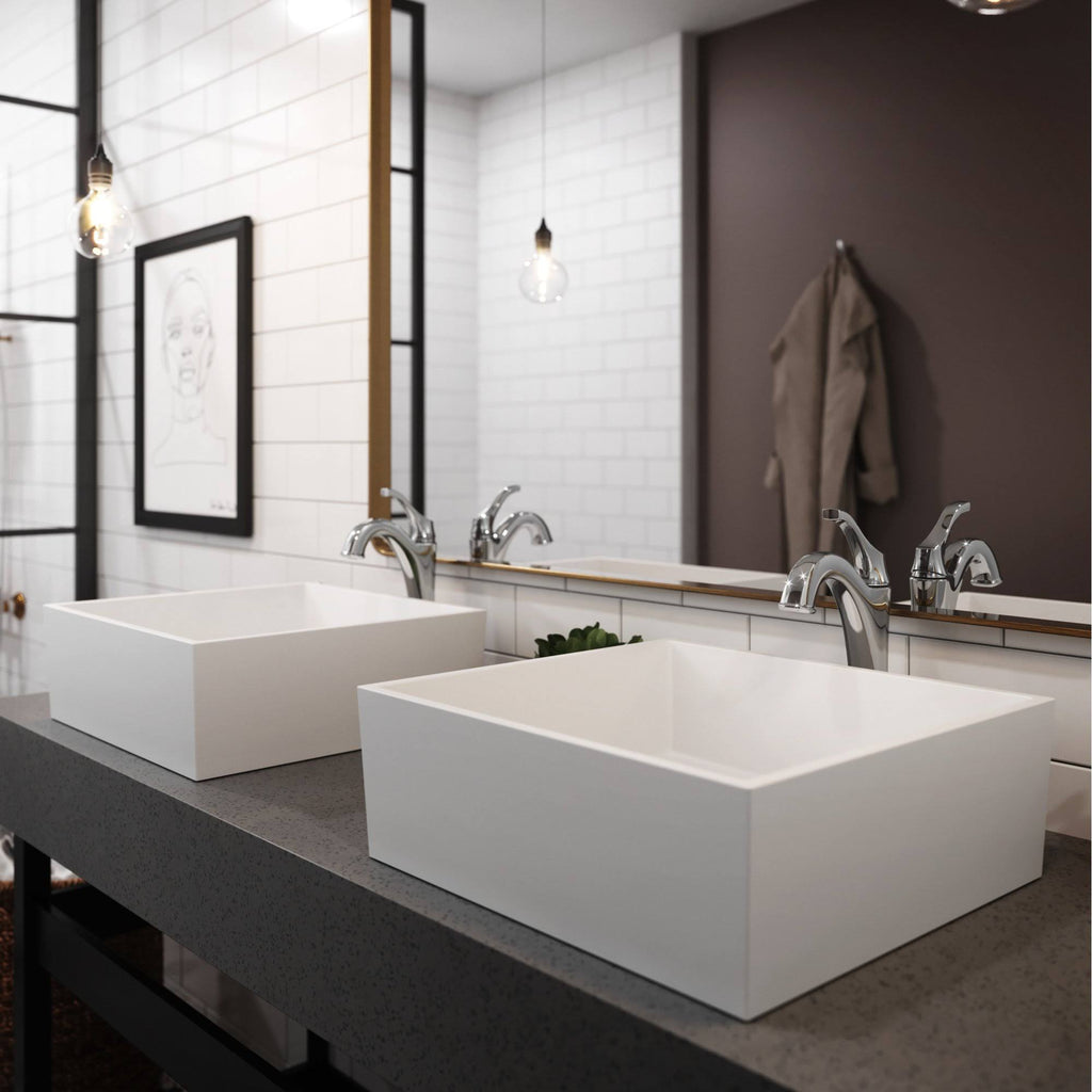 White Matte Solid Surface Square Bathroom Vessel Sink and Faucet H1775