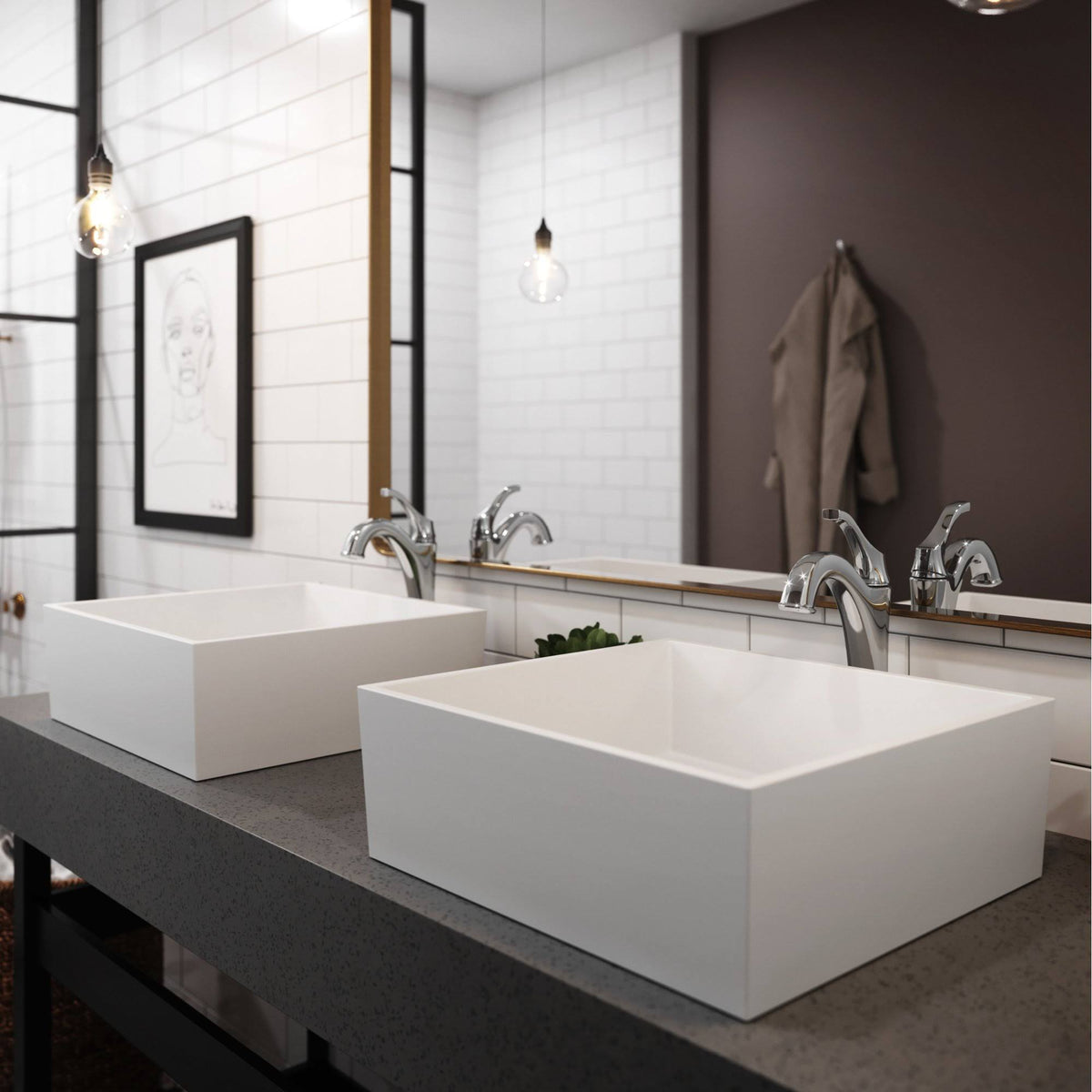 White Matte Solid Surface Square Bathroom Vessel Sink and Faucet H1775