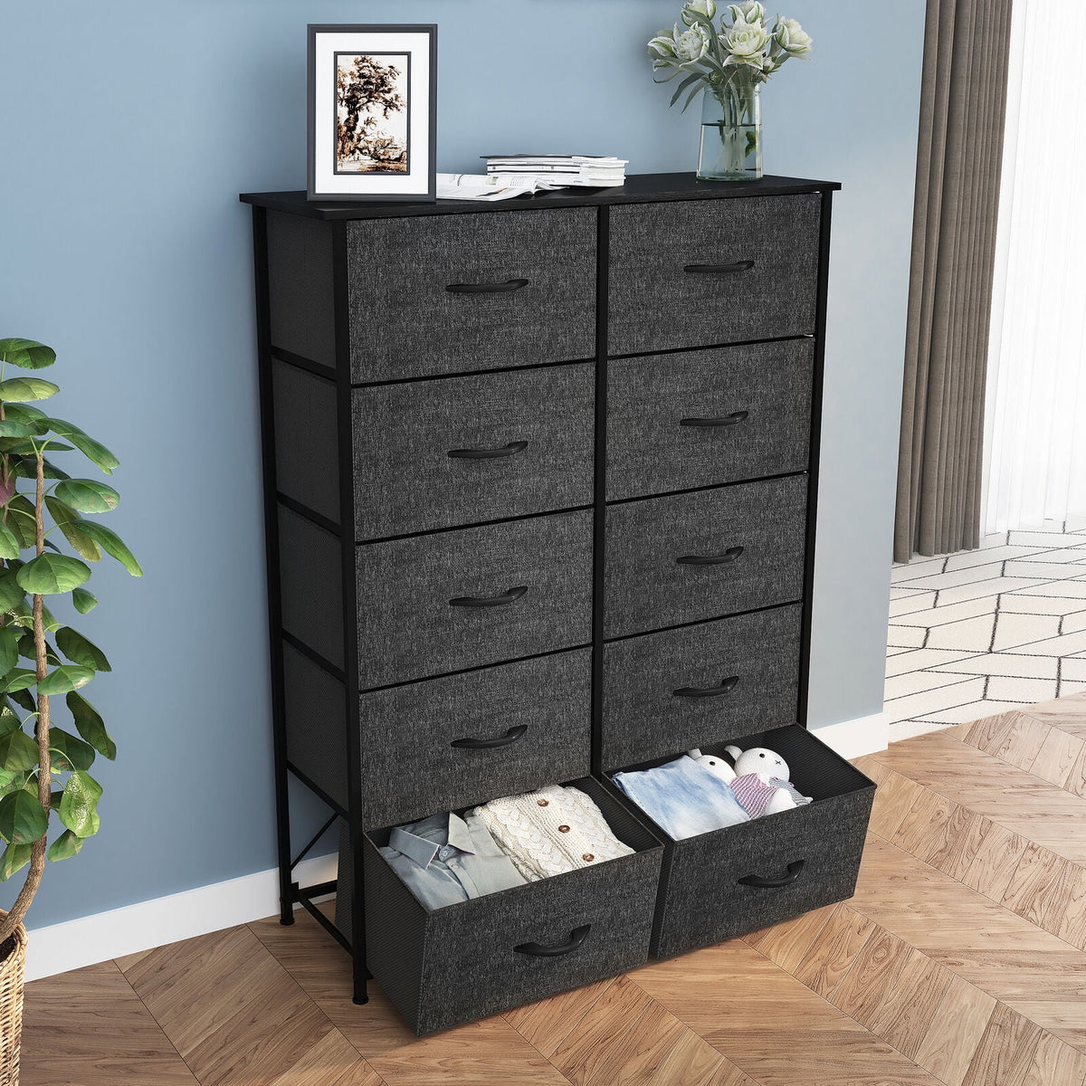 Black Grey 10 Drawer Fabric Dresser D915