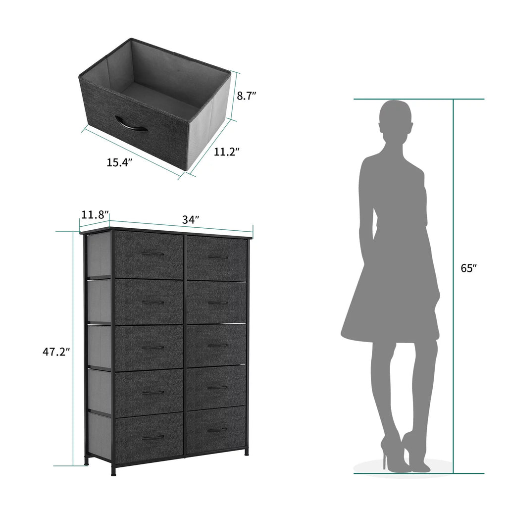 Black Grey 10 Drawer Fabric Dresser D915
