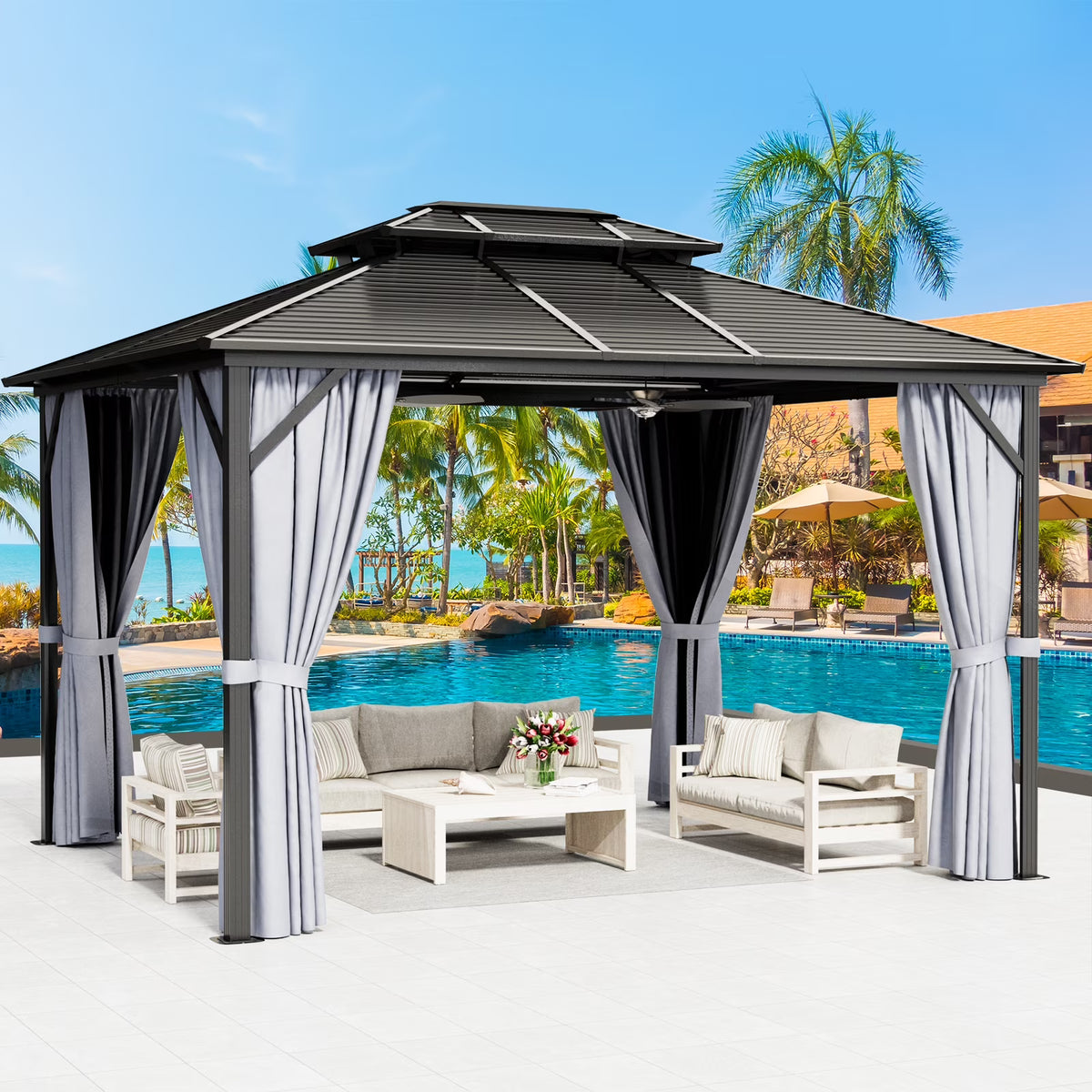 10 ft. x 12 ft. Outdoor Hardtop Gazebo with Curtain and Netting, Gray R146835
