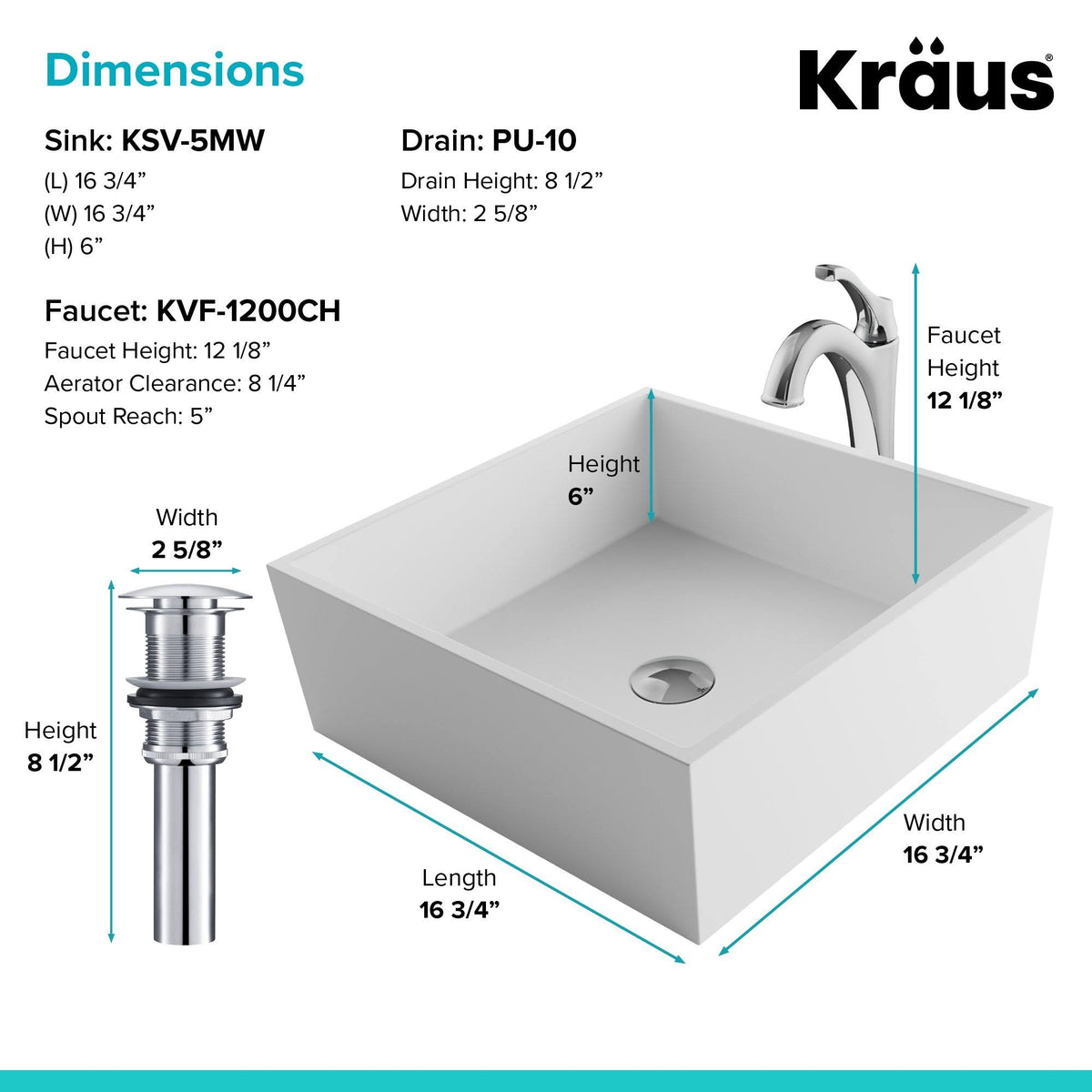 White Matte Solid Surface Square Bathroom Vessel Sink and Faucet H1775